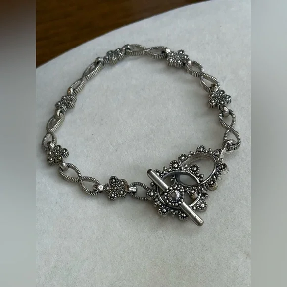 Vintage-Inspired Silver Floral Bracelet w/ Marcasite Accents & Toggle Clasp - Picture 7 of 10